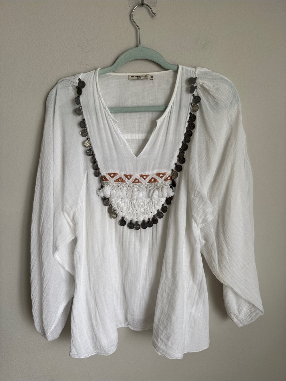 Mes Demoiselles Paris Ania White  Boho Peasant Blouse Coin Embellished Size 38 - Picture 3 of 13